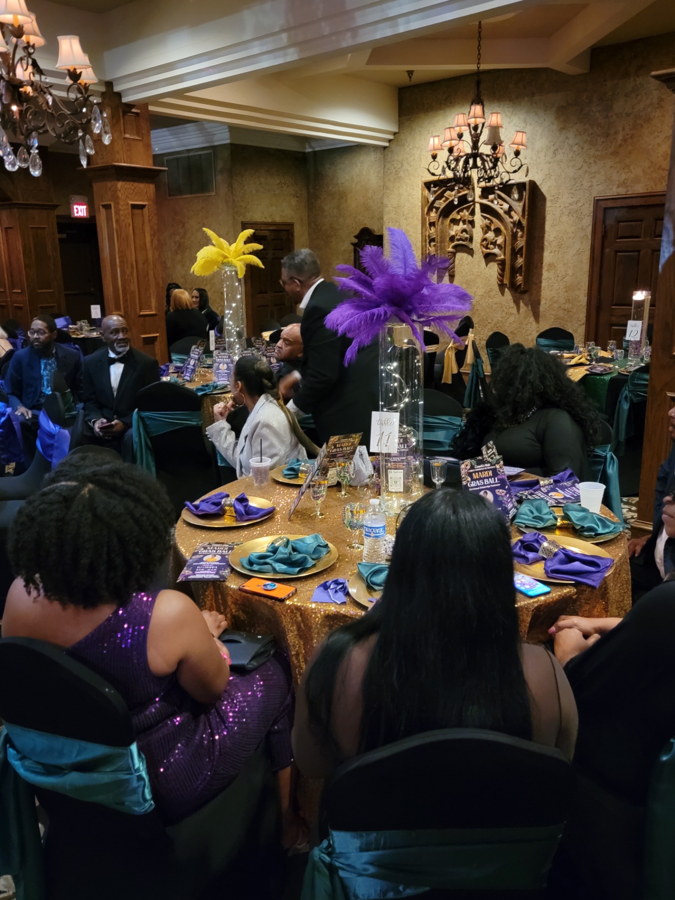 Ballroom table with Mardi Gras centerpiece